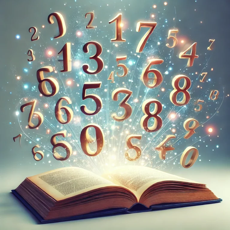 Chiffres lumineux flottant au-dessus d’un livre ouvert sur un fond bleu et doré.