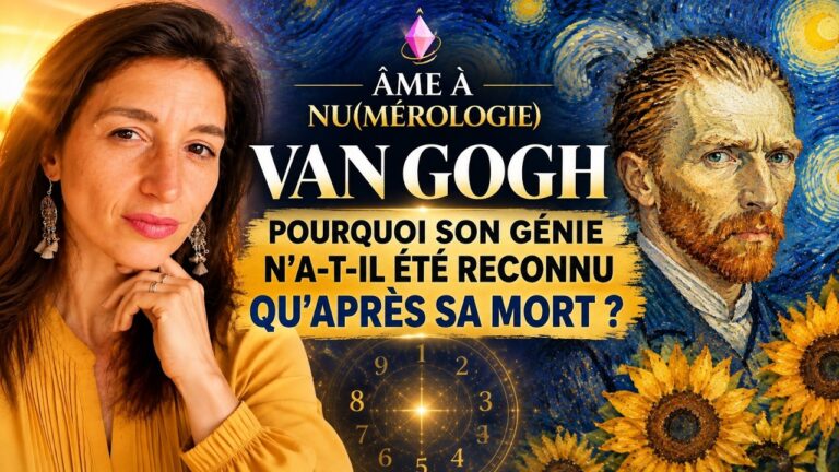 Vincent van Gogh et Claire Thomas sur l’affiche Âme à Nu(mérologie), avec des tournesols et un ciel étoilé.