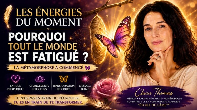 Claire Thomas sur l’affiche Les énergies du moment, avec un papillon lumineux.