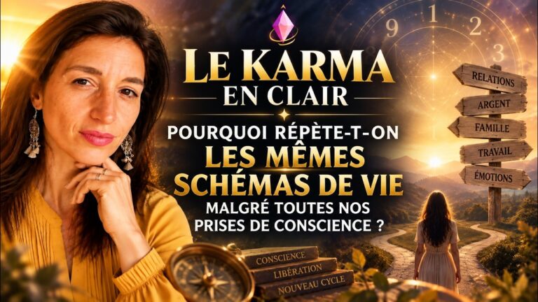 Claire Thomas sur l’affiche du Karma en Clair consacrée aux schémas de vie répétitifs.